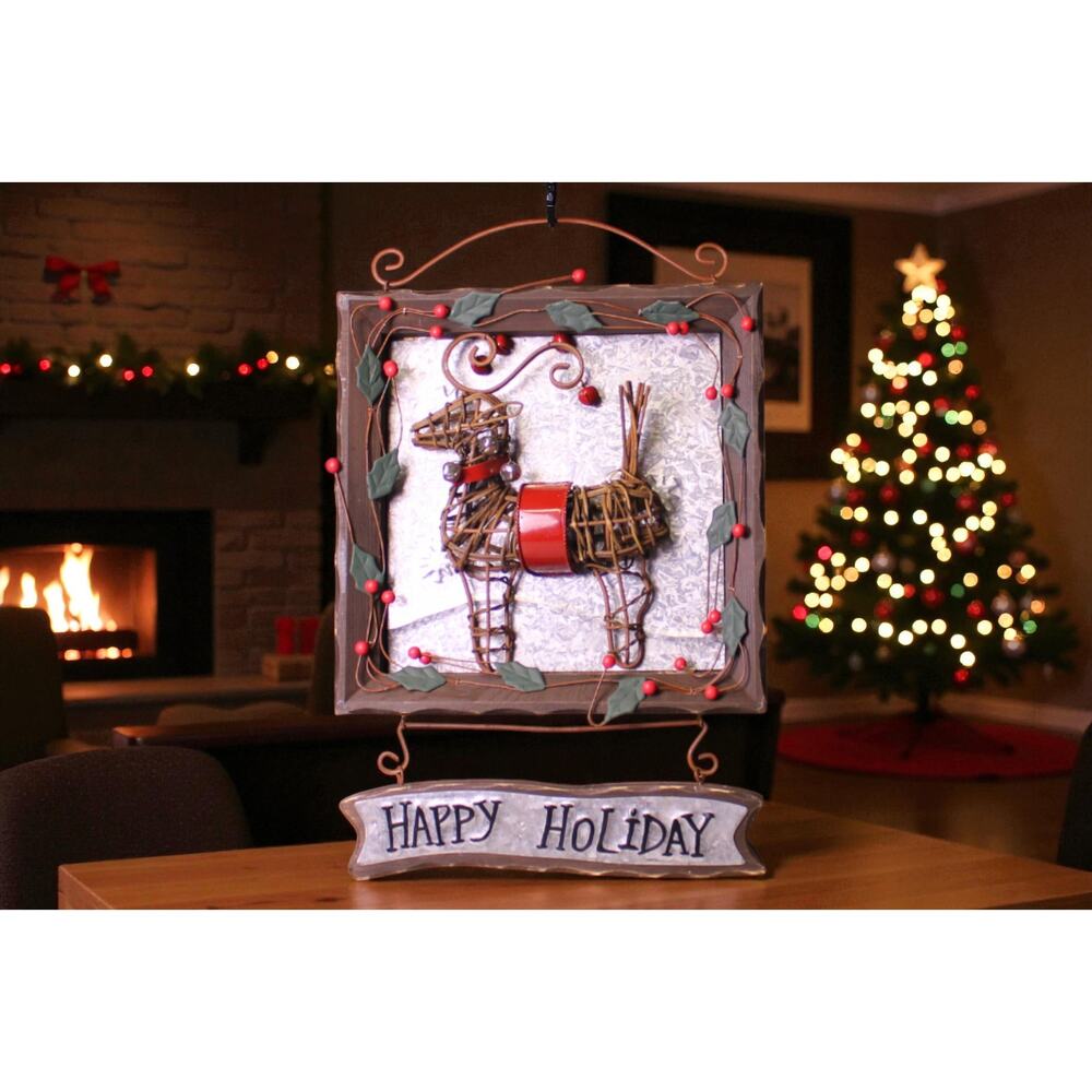 Rustic Twig Reindeer Happy Holiday Wall Hanging Christmas Decoration 16x10